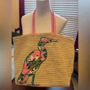 Vera Bradley Straw Tote with Pink Floral Bird Applique